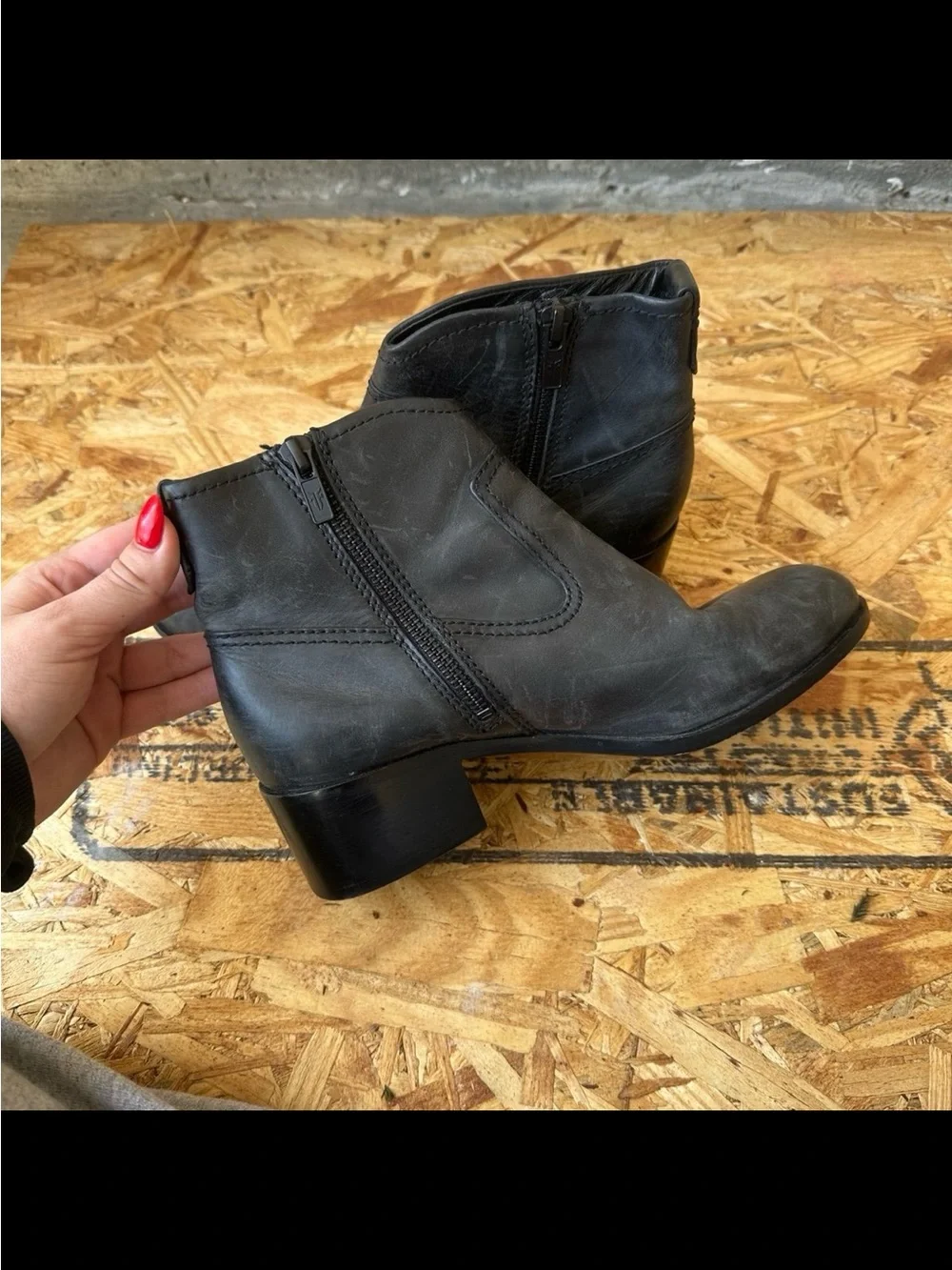 Frye Black Leather Ankle Booties with Stacked Heel